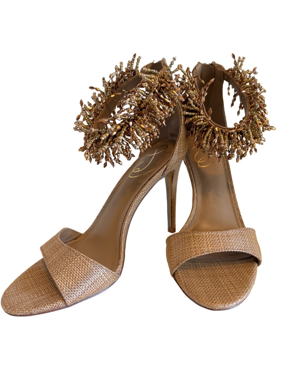 Sam Edelman Gillie Beaded Ankle Strap Sandals Tan Gold Raffia Heels EUC 7.5